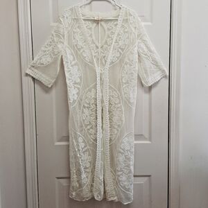 Ember Floral Embroidered Sheer Duster Kimono Cover Up Large Ivory Boho Beach
